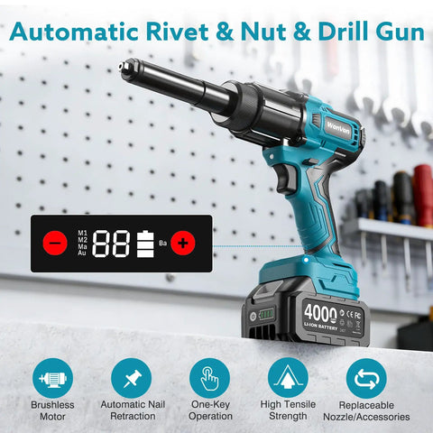 3 In 1 Cordless Rivet Nut Drill Gun with 4000mAh battery displayed on a workbench