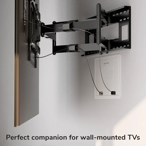 Recessed In Wall TV Media Box With Ventilated Cooling To Hide Streaming Boxes And Routers For A Straight Fire Media Setup Supporting Up To 22 Lbs For A Clean Cable Tangle Free Install mounted behind a TV, showing cable management.