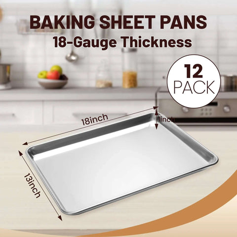 12 Pack Half-Size Aluminum Baking Sheets Pan Set, 18-Gauge, 18 by 13 inches, displayed on a kitchen counter