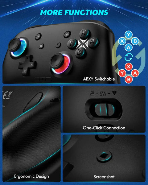 Enhanced Wireless Bluetooth Switch Controller with RGB Hall Effect Joysticks and ABXY switchable buttons.