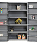 Workhorse Steel Storage Cabinet With Adjustable Interior Shelves And Heavy Duty Deep Pocket Doors For Tough Commercial Jobsite and Professional Shop Gear Organization showing open grey cabinet with tools and supplies.