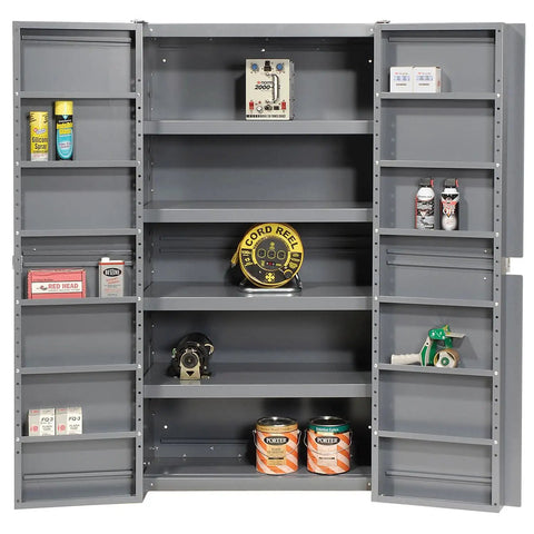 Workhorse Steel Storage Cabinet With Adjustable Interior Shelves And Heavy Duty Deep Pocket Doors For Tough Commercial Jobsite and Professional Shop Gear Organization showing open grey cabinet with tools and supplies.
