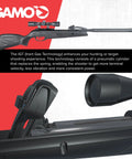 Swarm Whisper 22 Caliber Air Rifle With 10 Shot Repeater And IGT Gas Piston in black finish showcasing scope and mechanism details.