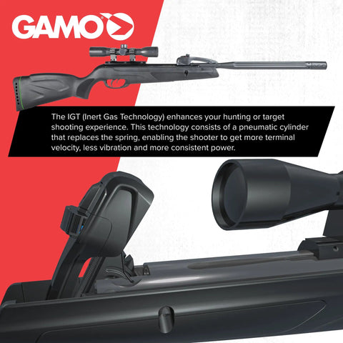 Swarm Whisper 22 Caliber Air Rifle With 10 Shot Repeater And IGT Gas Piston in black finish showcasing scope and mechanism details.