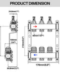 Technical diagram of Three Branch Radiant Heat Manifold Stainless Steel PEX Manifold with dimensions and outlets labeled.