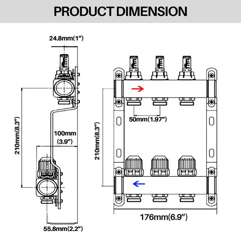 Technical diagram of Three Branch Radiant Heat Manifold Stainless Steel PEX Manifold with dimensions and outlets labeled.
