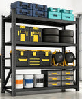 Workhorse Grade Heavy Duty 4 Tier Steel Shelving Rack With 6400 Pound Capacity And Totally Adjustable Shelves, loaded with tools, tires, and storage containers.