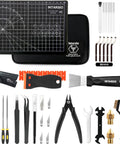 52 Piece 3D Printer Tools Kit For FDM And SLA Printers With Deburring Tool, nozzles, scrapers, files, and storage bag displayed.