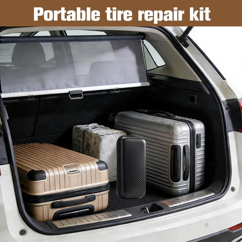 Roadside Tire Repair Kit With 100 Self Sealing Screw Plugs in SUV trunk with luggage