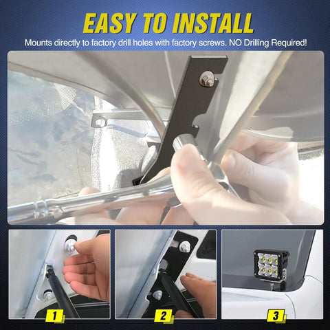 Installing ditch light brackets for hood hinges mounts on Dodge Ram 2009-2018, offroad LED pod light, no drilling required.