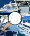 Collage featuring Hydraulic Steering Bleed Kit For Boats With Leak-Proof Cap And Quick-Connect Bottle Thread in marine settings.