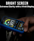 Hand holding AMM-600 Auto Smart Digital Multimeter Pro Grade Tool ETL Certified 4000 Counts TRMS with bright display screen