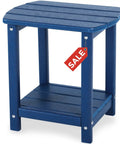 Blue square outdoor side table with 2-tier storage, made of weatherproof HDPE, suitable for backyard, pool, porch, garden, lawn.
