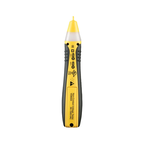 Straight Up Tough Non Contact Voltage Detector 50 To 1000 Volt Ac With Five Sensing Nodes 360 Degree Flash And Tone Alert Ergonomic Rubber Overmold Grip Heavy Duty Electrical Circuit Probe Tool For Pros shown from the front with yellow tip.