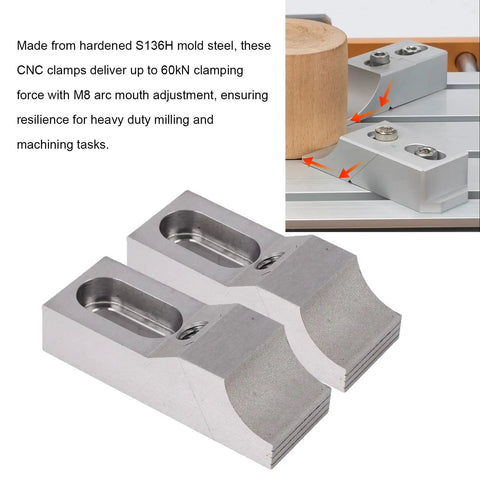 Low Profile Side Clamp Vise With Hardened S136H Mold Steel Arc Jaw Clamps, showing detailed angle with clamping force adjustment.
