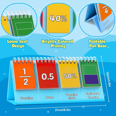 Fraction Circles and Decimal Flip Chart Kit for Kids with colored cards showing fractions, decimals, and percentages on a foldable base