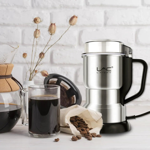 Badass Electric Coffee And Spice Grinder With Hella Fast 150 Watt Motor And Razor Sharp Stainless Blades For Roasted Beans Fine Herbs Plus Mini Kitchen Powder Maker That Crushes Everything In Seconds on kitchen counter with coffee.