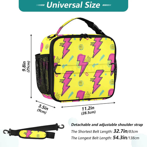 Lightning Bolt Insulated Lunch Bag Yellow Portable Cooler With Shoulder Straps For Office Travel School And Everyday Meals All Day Durable Polyester Large Main Compartment Plus Side Mesh Pockets Keeps Meals Fresh, universal size 11.2in x 9.8in