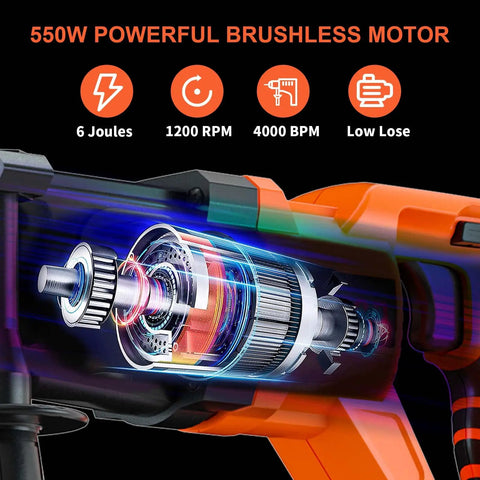 Beast Mode Cordless Rotary Hammer Drill Kit With Brushless 21V Power One Half Inch SDS Plus Drill Chuck Dual Batteries With Charger Three Drill Bits Grease And Case For Concrete Wood Stone And Metal