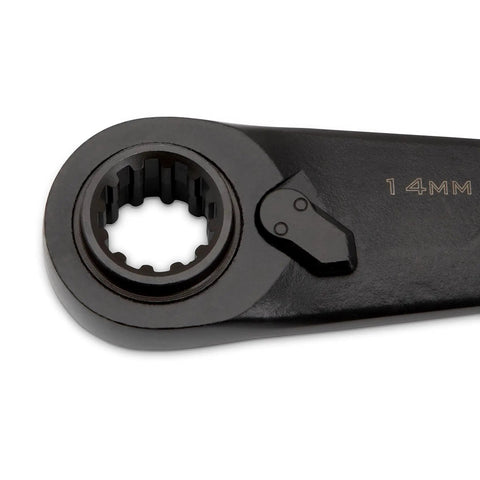 Close-up of the 14mm end of Two Piece X6 Four In One Black Oxide Spline Ratcheting Metric Wrench Set For Tight Access And Maximum Versatility