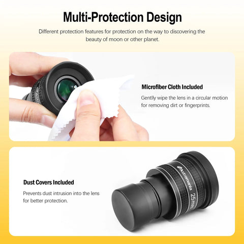 25mm Wide Angle Planetary Eyepiece For 1.25 Inch Telescopes, 58 Degree Apparent Field, Fully Multi Coated Glass cleaning and dust covers
