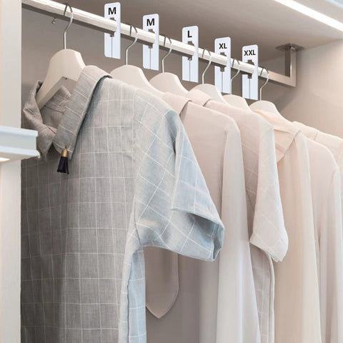 40 Pack Preprinted Rectangular White Closet Rack Dividers In 8 Sizes XXS Through XXXL, Double Sided, 2.5 By 5 Inches, Inner Diameter 1.38 Inches, Ready To Use Hanger Friendly Organizer
