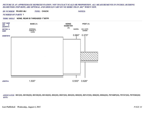 Diagram of Bottle Stopper Woodturning Chuck For Lathe Mounting Kit measurement details, pre-threaded 1 in x 8 tpi, post 3/8 in x 16 tpi