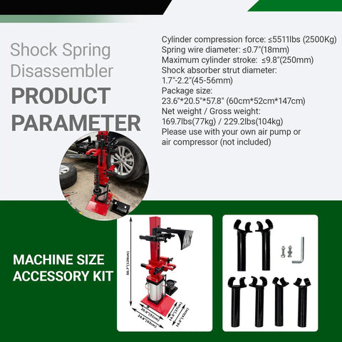 Heavy Duty Pneumatic Strut Compressor Badass Floor Setup Air Driven Shock Spring Remover with detailed size parameters.