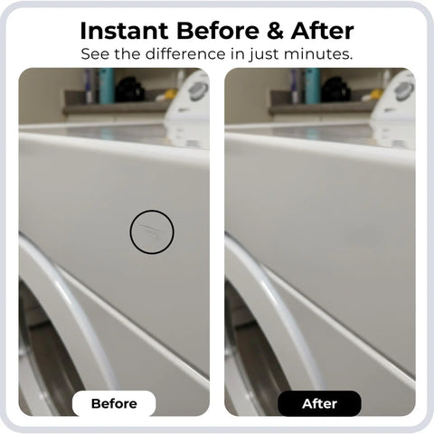 High Gloss White Touch Up Paint For Porcelain And Appliances, Fast Fix for chips on white appliance, before and after view