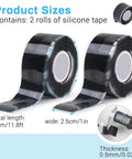 Black Self Fusing Silicone Tape 2 Pack 1 Inch by 11.8 Feet For Quick Pipe And Hose Repairs, showing two rolls with measurements.