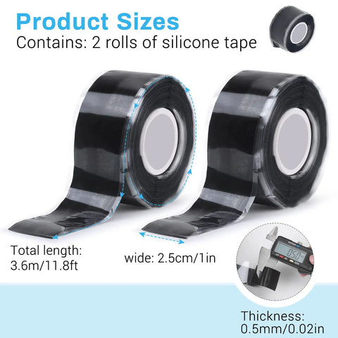 Black Self Fusing Silicone Tape 2 Pack 1 Inch by 11.8 Feet For Quick Pipe And Hose Repairs, showing two rolls with measurements.