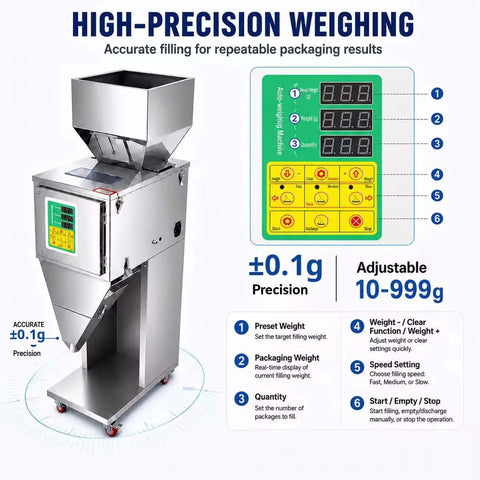 Smooth Operator Automatic Bag Weighing And Packing Filler with display showing precision settings for 10-999g filling.