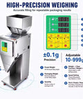 Hella Reliable 1200W Automatic Granule And Powder Filler With Dual Vibration For Foolproof Weighing, stainless steel design with digital controls.