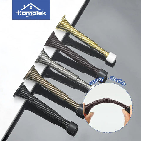 Telescoping Spring Door Stoppers Two Pack, oil rubbed bronze and flexible bumpers, showcasing various colors and designs.