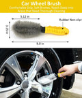 Car wheel brush from 10 Piece Car Wash Detailing Kit With Collapsible Bucket Wash Mitt Sponge Towels Wheel Brush Window Squeegee Chenille Microfiber Mitt Coral Velvet Towel And More Pro Grade Interior Exterior Wheel Cleaning Tools, shown cleaning wheel with yellow handle and soft bristles.