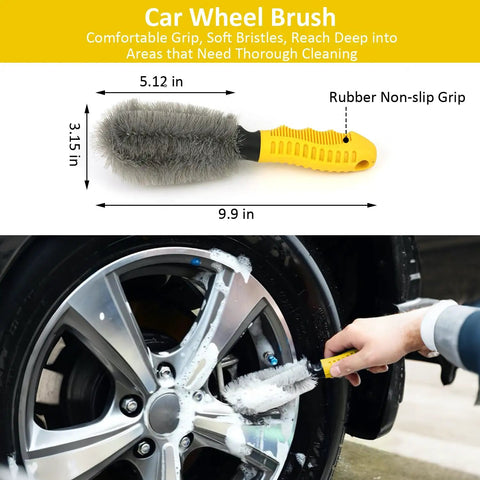 Car wheel brush from 10 Piece Car Wash Detailing Kit With Collapsible Bucket Wash Mitt Sponge Towels Wheel Brush Window Squeegee Chenille Microfiber Mitt Coral Velvet Towel And More Pro Grade Interior Exterior Wheel Cleaning Tools, shown cleaning wheel with yellow handle and soft bristles.