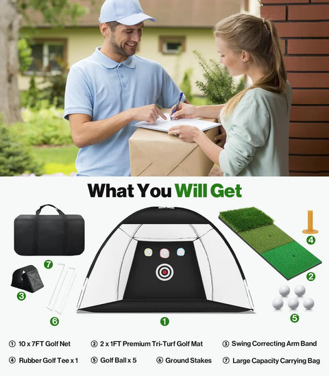 Backyard Golf Practice Net 10 By 7 Feet With Hitting Mat Targets And Balls For Indoor And Outdoor Swing Training Home Driving Range Setup Simple And A Sweet Gift For Dad Husband Or Any Golf Junkie, featuring net, mat, balls, and carrying bag