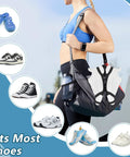 Elastic Silicone Shoe Holster With Backpack Clips For Hanging Sneakers Boots Cleats Or Gear On Your Backpack No Fuss Easy To Use Keeps Your Bag Neat And Shoes Separated Travel Ready Black shown holding various shoes on backpack