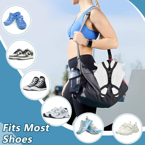 Elastic Silicone Shoe Holster With Backpack Clips For Hanging Sneakers Boots Cleats Or Gear On Your Backpack No Fuss Easy To Use Keeps Your Bag Neat And Shoes Separated Travel Ready Black shown holding various shoes on backpack