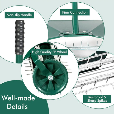 Manual Lawn Aerator With Anti Slip Handle And Tine Spikes For Effortless Lawn Care, detailed view showing handle, wheel, and spikes.