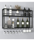 Top Shelf Wall Mounted Wine Rack With Dual Tier Wood And Metal Shelves For Bottles And Glasses Hella Ready Home Bar Display Stand That Knocks It Out Holding Your Liquor Collection In Matte Black showcasing bottles, glasses, and decorative items.