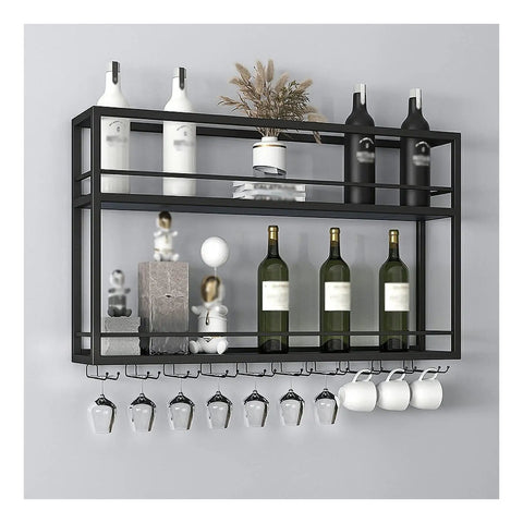 Top Shelf Wall Mounted Wine Rack With Dual Tier Wood And Metal Shelves For Bottles And Glasses Hella Ready Home Bar Display Stand That Knocks It Out Holding Your Liquor Collection In Matte Black showcasing bottles, glasses, and decorative items.