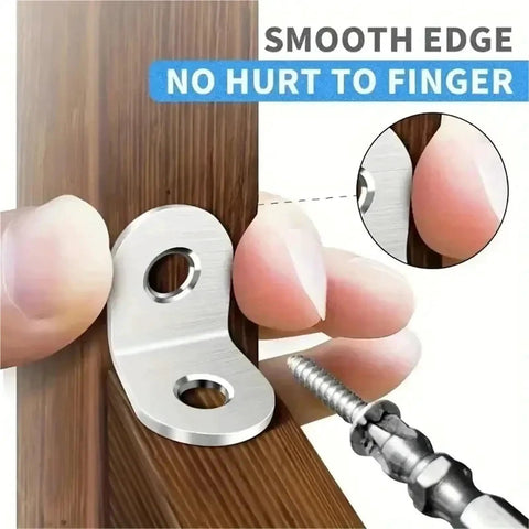 Rock Solid Stainless Steel L Shaped Corner Braces With Included Screws For Knockout Diy Furniture Assembly And Smooth Cabinet Reinforcement All Projects Every Single Day, showing smooth edges for easy installation.