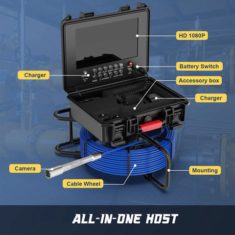 Crush Stubborn Blockages Fast With This Heavy Duty 30 Meter Pipeline Inspection Camera features HD monitor, camera, cable wheel.