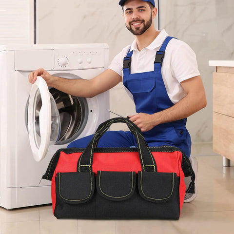 Three Pack Tool Bags For Electricians And Carpenters, Waterproof Hard Bottom, Built For Tough Jobs, Heavy Duty Wide Mouth Tote, 13 Inch, Colors Blue Red Yellow, Durable Gear Organizer For Home Garage DIY positioned in front of appliance