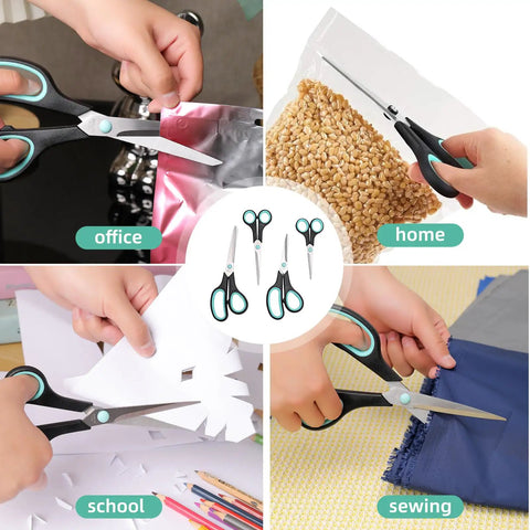 Assorted Size Scissors 4 Pieces Set With Heavy Duty Stainless Steel Blades Ambidextrous Comfort Ergonomic Rubber Grip 8.5 Inch 7.5 Inch 6.5 Inch And 5.5 Inch For Home Office School Crafts And Multi Use Cutting, cutting paper, fabric, and packaging