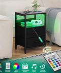 Nightstand With Charging Station And LED Light Fabric Drawers And Storage Shelf Bedside Table With USB Ports And Outlets