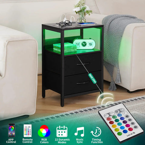 Nightstand With Charging Station And LED Light Fabric Drawers And Storage Shelf Bedside Table With USB Ports And Outlets