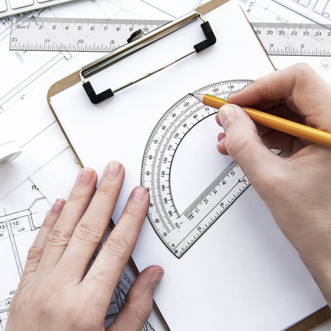 Two Pack 12 Inch Ruler And 6 Inch Clear Protractor Set For Math And Geometry, Classroom And Home Office Gear in use for drawing angles.