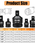 Cool 5 Piece Impact Socket Adapter And Reducer Kit Includes 3/4 To 1/2 1/4 To 3/8 3/8 To 1/2 And More For Heavy Duty Crankin' With Chrome Molybdenum Alloy Build. size chart of five CR-MO impact socket adapters with drive measurements